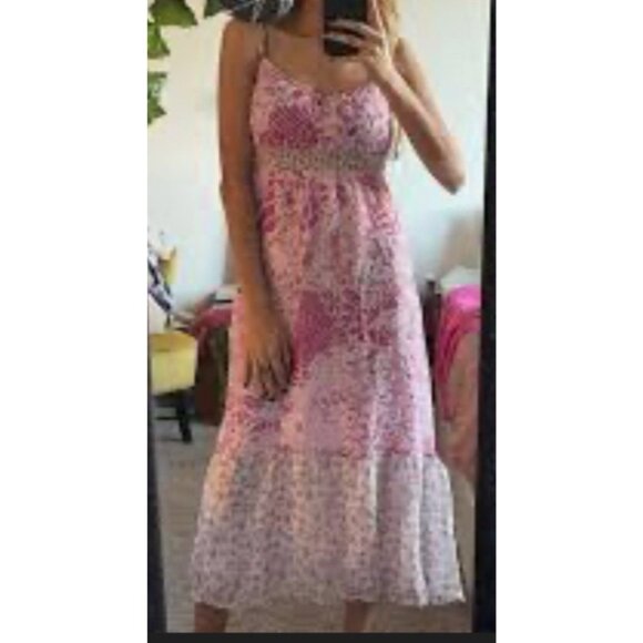 Maeve Anthropologie Midi Dress 2 Extra Small Pink Cream SILK Smocked Sleeveless - Picture 1 of 7
